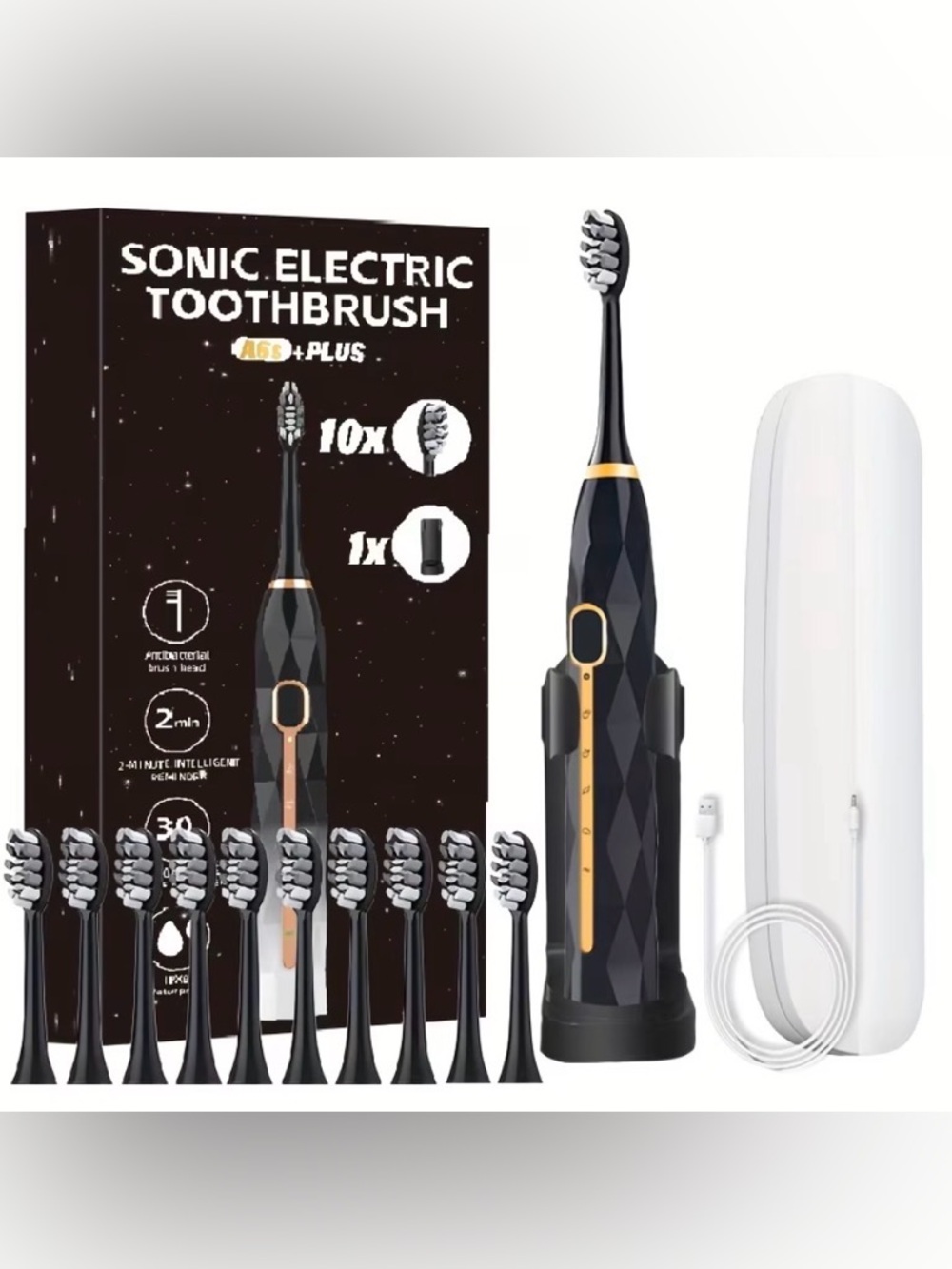 (4) - Electric Toothbrush Set + 10 Brush Heads & Travel Case